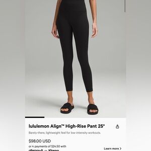 LULULEMON ALIGN BLACK SIZE 8, NO POCKETS,25inch